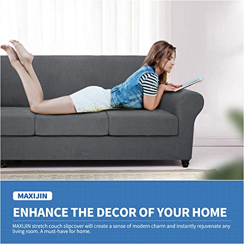 MAXIJIN 4 Piece Couch Covers for 3 Cushion Couch Super Stretch Sofa Cover for Dogs Pet Proof Fitted Furniture Protector Spandex Jacquard Non Slip Magic Sofa Slipcover Washable (Large, Gray) - Image 4