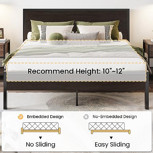 Sha Cerlin XH-6860-BOQ Queen Bed Frame With Headboard, Heavy Duty Platform Bed With Under-Bed Storage, Solid Metal Construction, No Box Spring Needed, Easy Assembly, Black Oak thumb #6