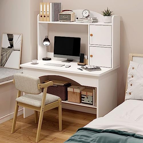 Moderno escritorio de madera maciza con estantería de 31 pulgadas, mesa de computadora blanca para estudiantes, hogar y oficina, estación de trabajo, elegante escritorio de estudio