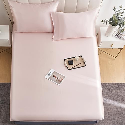 DuShow Fitted Sheet Super King-Deep Pocket Satin Silky Bed Sheet,Breathable Soft and Comfortable-Wrinkle,Fade,Satin and Abrasion Resistant(Super King,Blush Pink) - Image 3