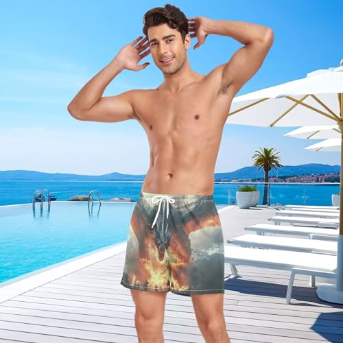 Fantasy Dragon Fire Mens Swim Trunks with Liner, Cool Quick Dry Beach Swim Shorts, Swimwear Bathing Suits S4