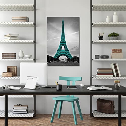 Tiuauit Teal Eiffel Tower Canvas Wall Art Black And White Cityscape Picture Prints Modern Building Artwork For Living Room Bedroom Stretched And Framed Ready To Hang 24"X36" #TOP1