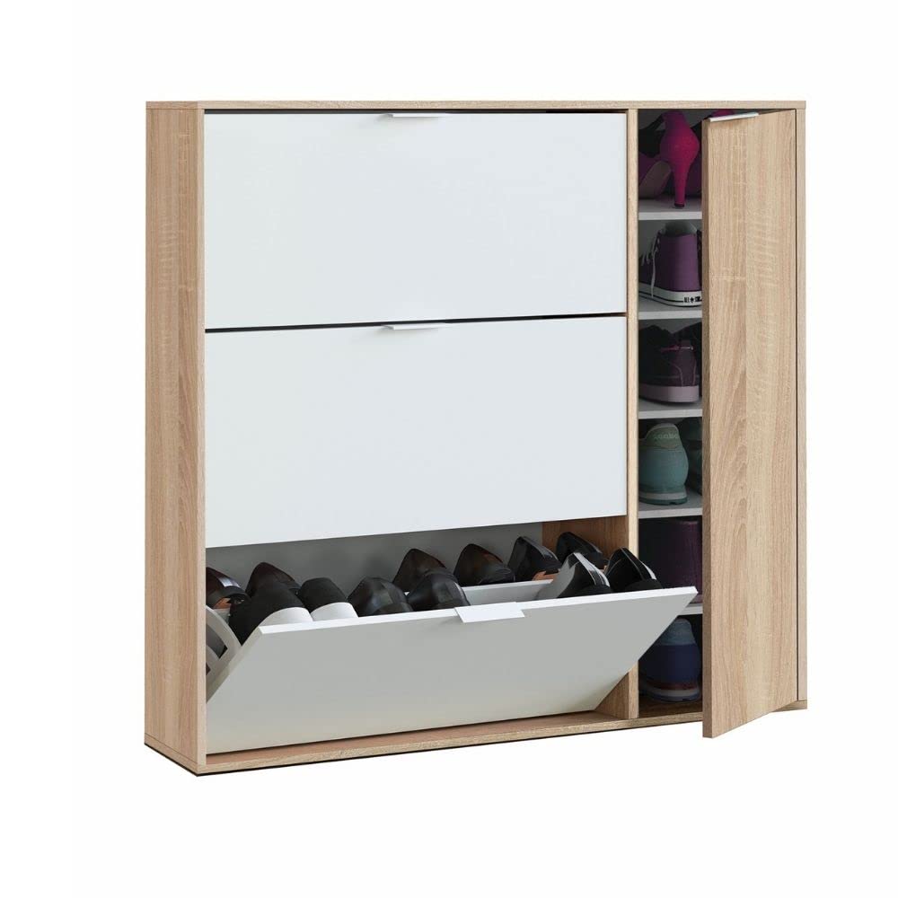 Mobelcenter, Mueble Zapatero Class 4 Puertas, Color Blanco y Roble Canadian, Capacidad hasta 30 Pares de Zapatos, Medidas: Ancho: 106 cm x Fondo: 22 cm x Alto: 115 cm, (1267)