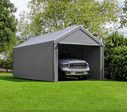 Carport 10x20 Ft Heavy Duty Canopy Steel Canopy Storage Shed,Portable Garage Party Tent,Portable Garage with Removable Sidewalls & Doors All-Season Tarp for Carport (Grey)