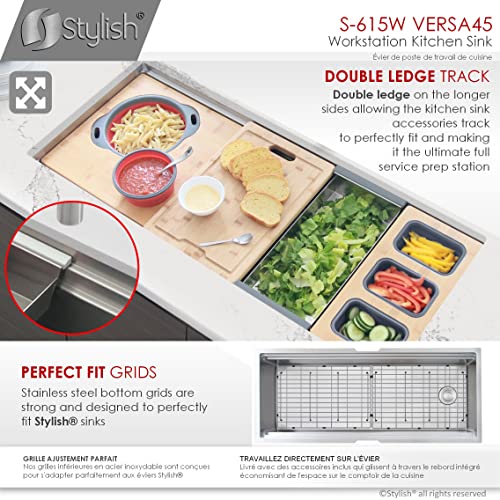 Stylish 45 Inch X 19 Inch Stainless Steel Double Bowl Undermount 16G Workstation Reversible Ledge Kitchen Sink With Basket Strainer, Grids, Drying Rack,Cutting Board,Serving Boards And Colander S-615W #TOP5