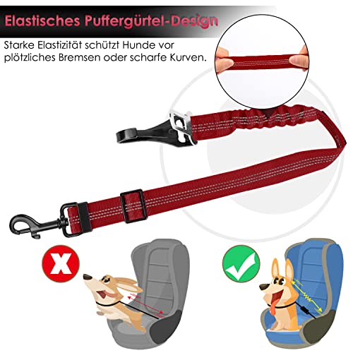 Eyein Hunde Sicherheitsgurt für Auto, Verstellbare Hundegurt fürs Auto mit Elastischer Ruckdämpfung, 3 in 1 reflektierend Hunde Anschnallgurt für alle Hunderassen & Autotypen, 90cm (Rot)