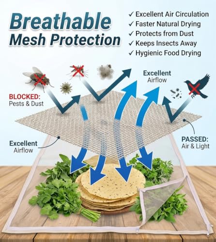 Image of 150x150 cm Unbleached Cotton Drying Cloth with Mesh Net & Zipper | Breathable Food Drying Cover for Papad, Vadagam, Spices, Grains, Millets & Herbs | Reusable Washable