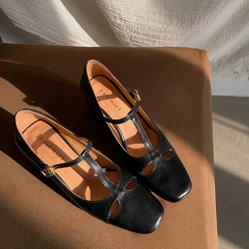 XIEDA Women's Genuine Leather Mary Janes Vintage T Strap Chunky Heel Comfortable Pumps Dress Shoes3
