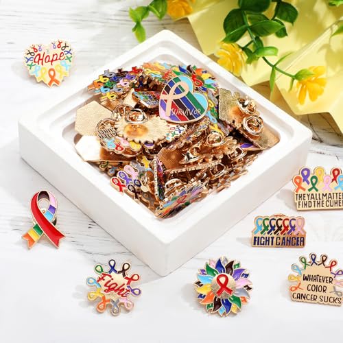 Image of Landical 60 Pcs All Cancer Awareness Pins Bulk Breast Cancer Awareness Lapel Pins Pink Multicolor Ribbon Items Supplies for Hats Backpacks Clothing Women Gifts
