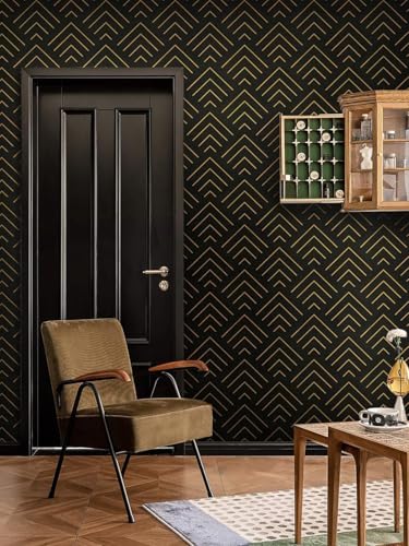 Image of TEKCOOL Self Adhesive Wallpaper Black and Gold Pattern Peel and Stick Wallpaper Gold Lines Geometric Sticky Back Vinyl Removable Contact Paper Wall Covering Decorative Film DIY 45x300cm (Black-4pc);