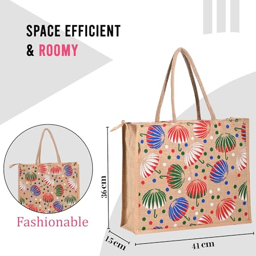 Image of Kuber Industries 2 Pcs Jute Shopping Bag for Women with Handle | Reusable Carry /Shopping Bag for Grocery, fruits & Vegetable | Umbrella Print - Brown
