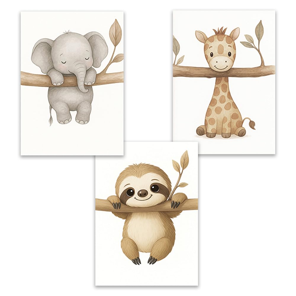 3 Laminas Animales Infantiles 30X40CM Cuadros Para Cuarto de Bebe Safari Poster Niños Habitacion Lienzo Animales Bebé Laminas Decorativas Pared Bebe Niña Cuadros Infantiles Beige sin Marco