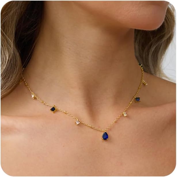 RLMOON Gold Necklace for Women 14K Gold Plated CZ Diamond Choker Necklace Red Emerald Green Blue Black Teardrop Necklace for Bridesmaid Prom Trendy Gold Jewelry Gift