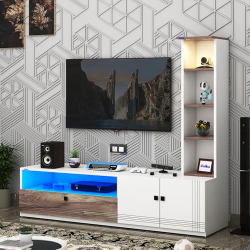 Image of Anikaa Sprax Engineered Wood Floor Standing Modern TV Unit with LED Light for Living Room | 2-Door & Open Box Cabinet with Side Shelf Storage | Ideal for Up To 55 inch | (White /Coachwood) DIY Installation