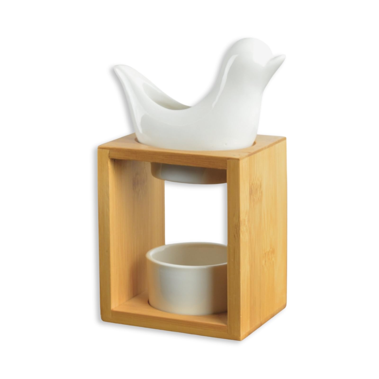 Zen'Arôme - Duftlampe Birdy Weiß - Duftwachs-Brenner - Diffuser für Ätherische Öle und Raumdüfte - Kerzenhalter Aromatherapie - Dekorativer Teelichthalter aus Holz und Keramik - Höhe: 16,5 cm
