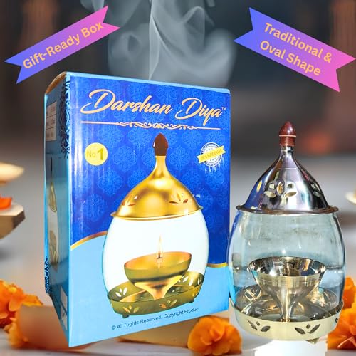 Image of Brass Akhand Diya with Borosilicate Glass Cover and Oil Lamp for Home, Office, Puja, Mandir, Decorative Lantern Diya with Shade Cover for Prayer
