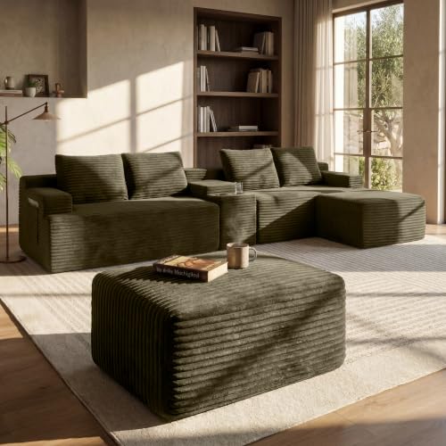 Image of 140 inch Modular Sectional Sofa, U-Shape Corduroy Boneless Couch Brown