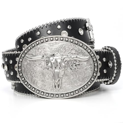 LALATCH Punk Belt Cowboy Belts for Men Women, PU Leather Western Punk Rock Belt with Western Bull Buckle, Bull/Rhinestone Belt