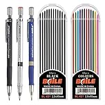 CYH Mechanical Pencil Kit 2 mm, 3 Pieces Mechanical Pencil Set Blue, Black and Silver, 24 Pieces Coloured Leads and Black for Drawing Project Writing Making Artistic Drawing