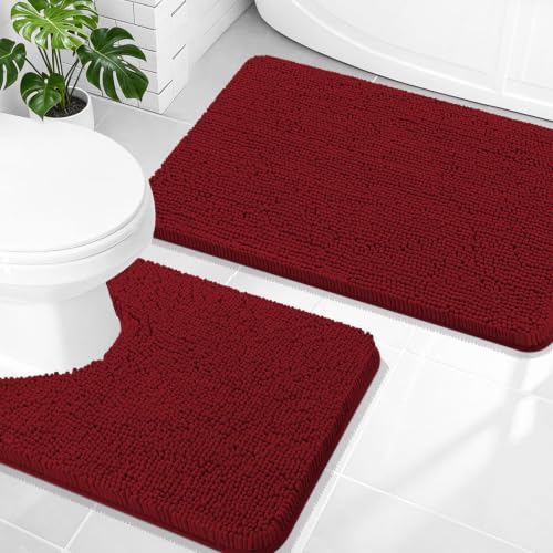 Image of OLANLY Bathroom Rugs Sets 2 Piece, Soft Absorbent Chenille Bath Mats and U-Shaped Contour Toilet Mat Area Rug Set, Machine Washable Bath Carpet, Home Decor Accessories(30 inchx20 inch+24 inchx20 inch, Red)