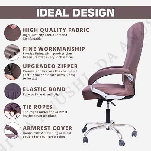 Image of Premium Elastic Boss Chair Cover with Armrest Covers | Stretchable Polyester Slipcover | 1-Seater Office Chair Protector | Fits Chair Back Height 71-76cm | Coffee Brown