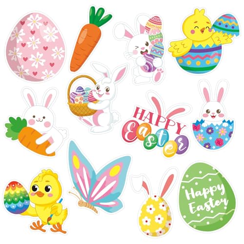 JUNEBRUSHS Easter Cutouts, 60Pcs Easter Paper Cutouts with 100Pcs Glue Points, Easter Bunny Egg Chicks Bulletin Board Decorations for Easter Party Classroom Home Wall Decor