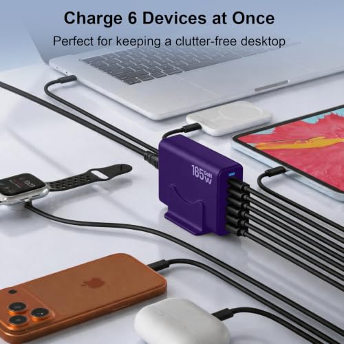 Image of 165W Charging Station, 6 Port Desktop Charger, 3 Ports 40W Purple | Multi-Device Charger, 3 PD USB C 40W and 3 15W USB A, Compatible with iPhone, Galaxy, MacBook, Tablets, Home Office, Travel