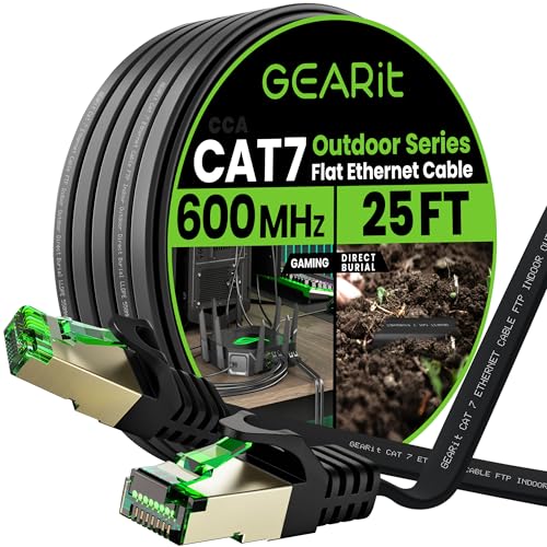 GEARit Cat 7 Outdoor Flat Ethernet Cable (25ft, Black) Direct Burial Rated LLDPE Jacket - Indoor Cat7 Shielded FTP 600MHz 10Gbps High Speed Gaming Computer Network RJ45 Snagless Patch Cord Internet