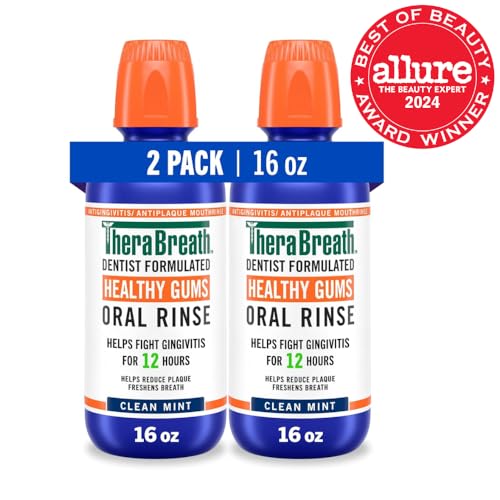 Image of TheraBreath Healthy Gums Oral Rinse, Antigingivitis, Clean Mint Flavor, Dentist Formulated to Help Prevent Gingivitis and Support Gum Health, Alcohol Free, 16 Fl Oz (Pack of 12)
