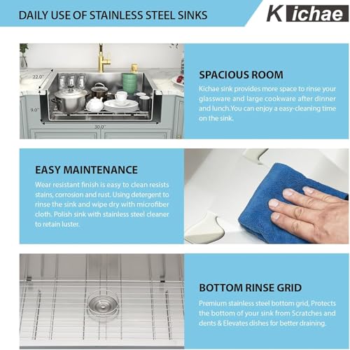 Image of Kichae 30 Inch Drop In Kitchen Sink - Stainless Steel Kitchen Sinks 30x22x9 Inch Topmount Overmount Single Bowl Handmade Basin