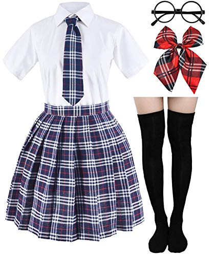 Japanese Tartan Pleated School Uniform Cosplay Costumes with Socks Eyeglass Frame Set (Gray)(L = Asia XL)(SSF11)
