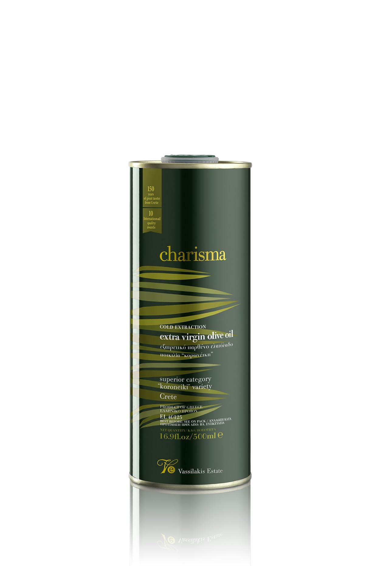 Vassilakis Estate Charisma – Greek Extra Virgin Olive Oil from Crete – 500 ml Tin – Cold Pressed Koroneiki Olives – Low Acidity < 0.4% – Premium Unfiltered EVOO