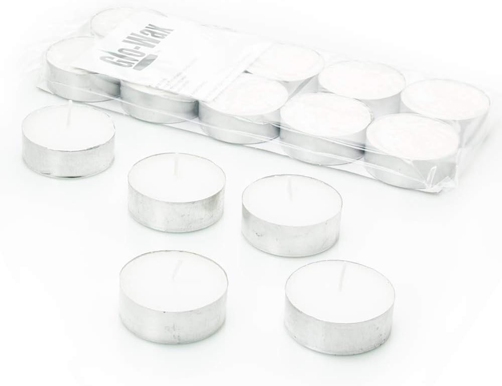 Glo-Wax Giant Tea Lights 100 Pack Maxi Candles Unscented Extra Large Long Burn Lasting up-to 10 Hour Burning Per Candle Indoor and Outdoor Tealights Quality White Wax