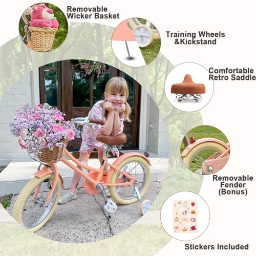 Image of Glerc Little Molly 12-20 Inch Kids Retro Cruiser Bike for 2-13 Year Old with Wicker Basket & Training Wheels /Kickstand, Multiple Colors