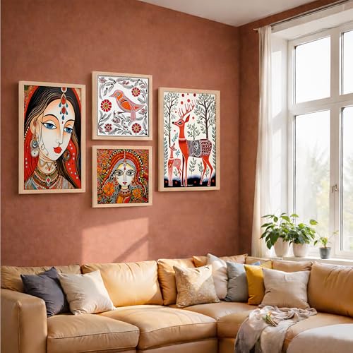 Image of NoWorries Pichwai Wall Art Framed Paintings Set of 4 | Indian Traditional Folk Art Prits with Frames for Living Room, Bedroom and Office Decor | Premium Digital Madhubani Artwork frame
