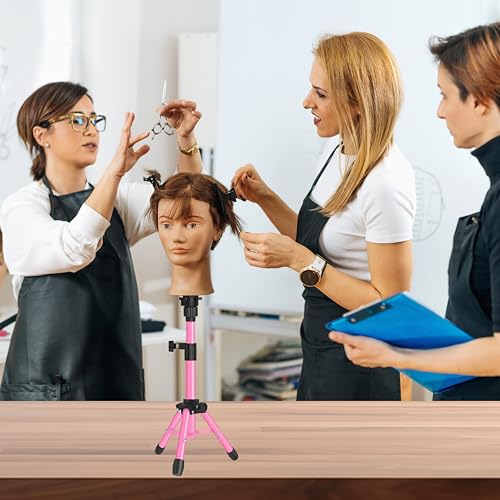 ZQIAN BEAUTY MINI Wig Stand Tripod, 25 Inch Adjustable Mannequin Head Stand, Wig Head Stand for Training Heads And Canvas Block Head (Pink, Mannequin Head Not Included)