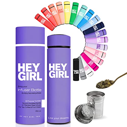Hey Girl Tea Infuser Bottle 450Ml - Insulated Stainless Steel Water Bottle - Thermos Tea Tumbler With Tea Diffuser - Portable Travel Mug For Loose Leaf Tea & Infused Water - Tea Lovers Gifts For Women #TOP14