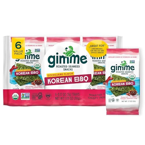 Gimme Seaweed Organic Premium Roasted Seaweed Snacks, Korean BBQ, 6 Count, Keto, Vegan, Gluten-Free, Great Source of Omega3s and Iodine, Healthy On-The-Go Snack for Kids and Adults