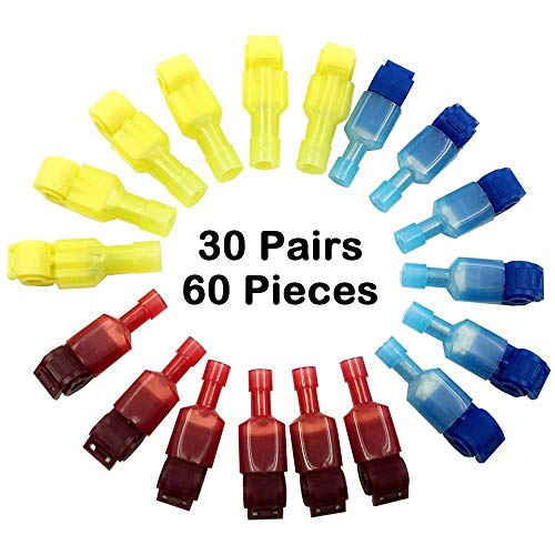 Bestgle 60 Pcs/30 Pairs Self-Stripping Electrical T-Tap Wire Spade Connectors Set Quick Splice Wire Terminals And Fully Insulated Male Butt Terminal Crimp Assortment Kits (Yellow, Red And Blue) #TOP1
