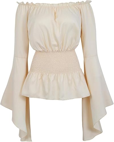 Kranchungel Blusa renacentista para mujer, manga larga, hombros descubiertos, medieval, disfraz de pirata, estilo bohemio