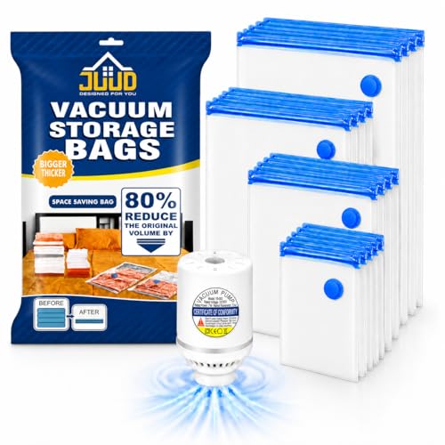Juud 18 Pack Vacuum Storage Bags with Pump 6x Jumbo + 4x Large + 4x Medium + 4x Small Plastic Packaging Bags 80% Space Saver Vacuum Seal Bags for Clothing Travel Lugggage Blankets Comforters
