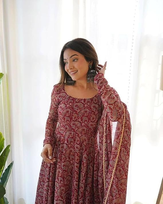 Image of DIGAMBARA Digital Floral Printed Georgette Anarkali Gown for Women, Ethnic Wear, Fit and Flare Georgette Dresses with Dupatta for Womens and Girls, Maroon