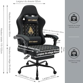 Symino Chaise de Gamer Ergonomique, Chaise Gaming avec Soutien Lombaire Repose-Pieds, Fauteuil de Bureau réglable et pivotant capacité de Charge 150 kg, Cuir PU Noir