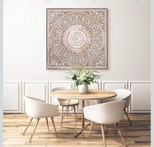 Image of ROYAL TRADERS Hand Carved Wooden Mandala Wall Panel | Vintage Floral Wall Art | Decorative Wooden Wall Hanging | Boho Home Decor Panel Large Wall Decor Panel, Wooden Carving Wall Hanging (OFF WHITE)