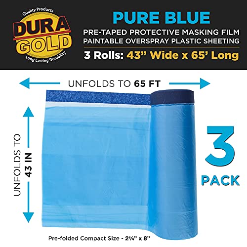 Dura-Gold 43" Wide X 65' Long Roll Of Pure Blue Pre-Taped Masking Film, 3 Pack - Pre-Folded Overspray Paintable Plastic Protective Sheeting, Pull Down Drop Sheet - Auto Painting, Cover Walls Furniture #TOP1