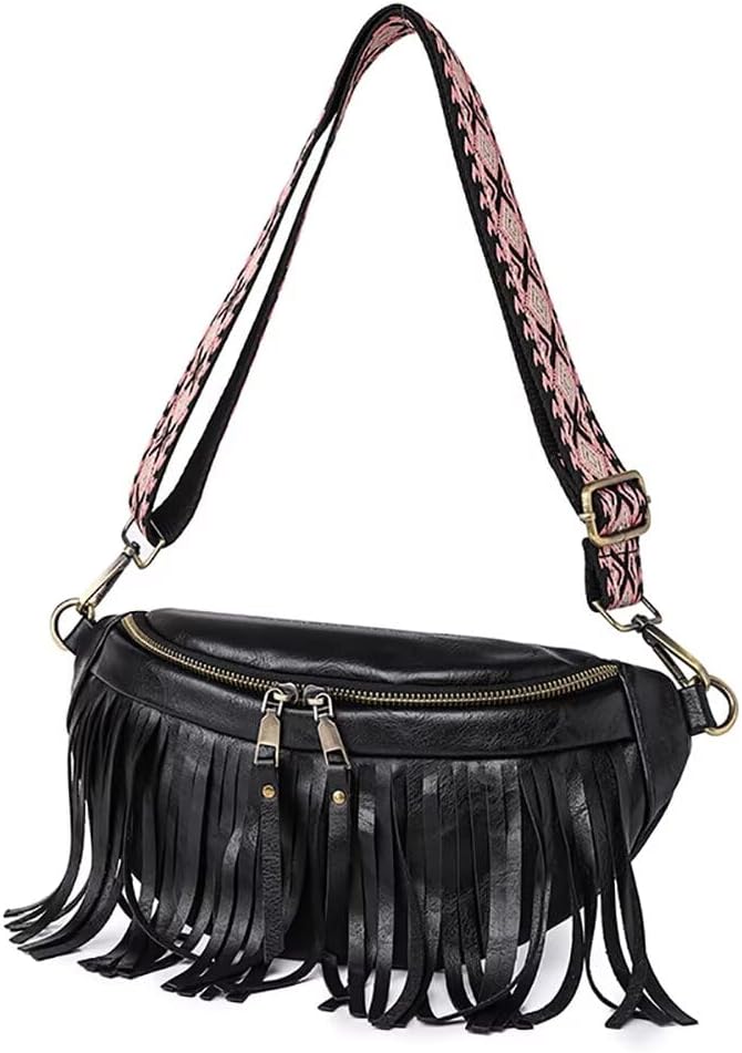 Sling Crossbody Bag for Women Vintage Hobo Bag Leather Chest Bag Fringe Shoulder Handbag Fanny Pack with Guitar Strap