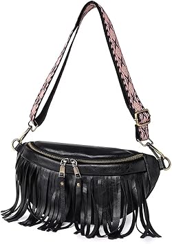 Sling Crossbody Bag for Women Vintage Hobo Bag Leather Chest Bag Fringe Shoulder Handbag Fanny Pack with Guitar Strap