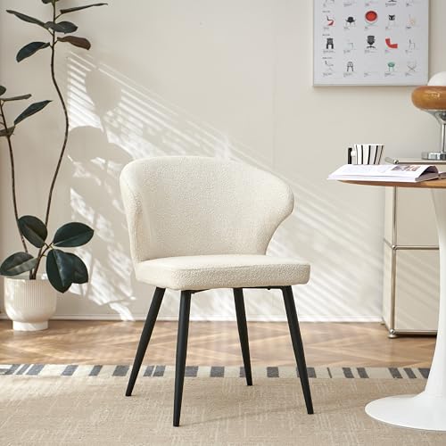 Image of Colorig Boucle White Dining Chairs Set of 1, Modern Living Room Armchairs with Curved Backrest and Sturdy Metal Legs, Luxury Accent Chairs Dining Room Chair, Boucle White