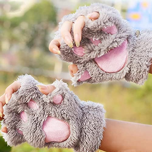 RackboneFleece-Handschuhe für Damen, Katzenpfotenhandschuhe, Kunstfell-Winterhandschuhe, warm, halber Finger, niedlich, Cosplay, Cartoon-Handschuhe, grau