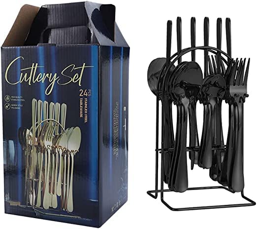 Arabest Silverware Set 24 Piece Gold Silverware Flatware Cutlery Set With Stand Include Knife Fork Spoon,Hanging Stainless Steel Utensils Set Service for 6,Dishwasher Safe (Black)